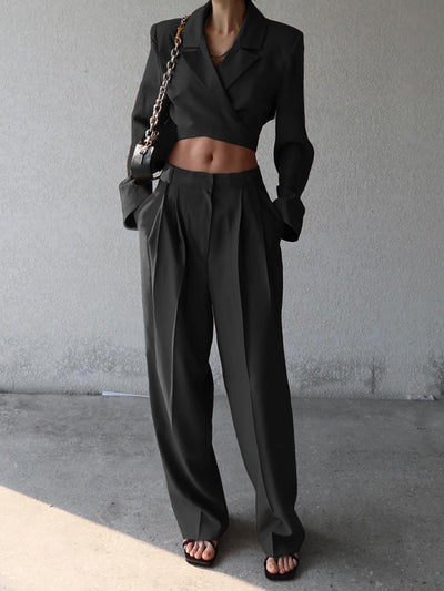 Damen Anzug Set Cropped Blazer und Weite Hose Hochwertiger Stoff