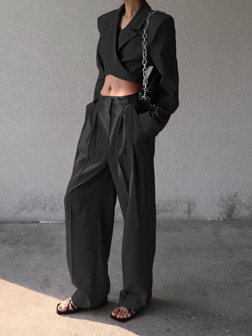 Damen Anzug Set Cropped Blazer und Weite Hose Hochwertiger Stoff