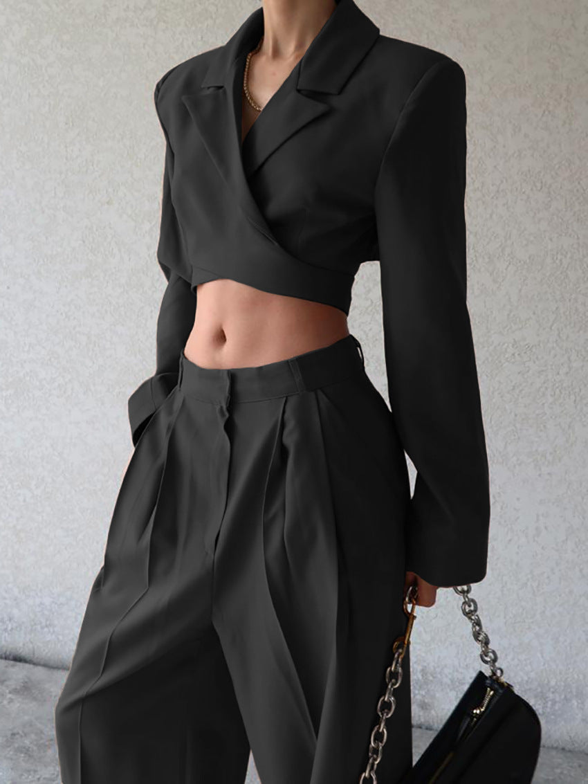 Damen Anzug Set Cropped Blazer und Weite Hose Hochwertiger Stoff