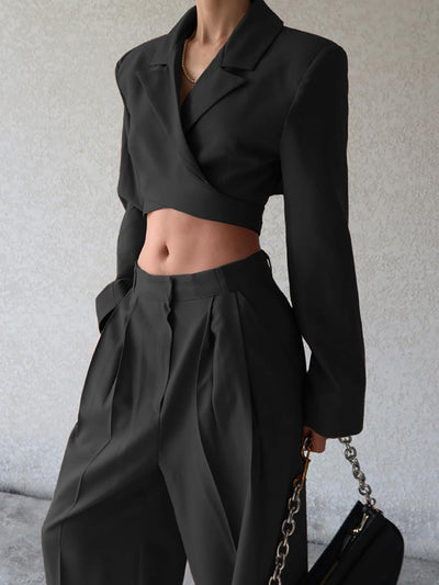 Damen Anzug Set Cropped Blazer und Weite Hose Hochwertiger Stoff