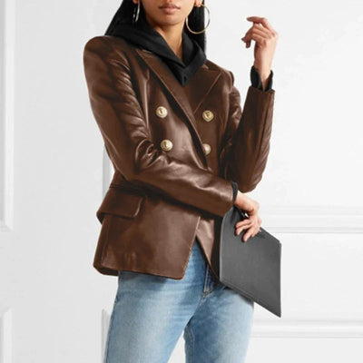 Damen Blazer Vegan Leder Mit Knöpfen – Eleganter Blazer Schwarz für Vielseitige Outfits