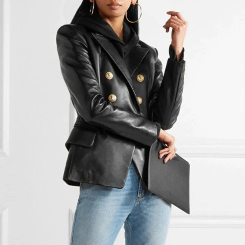Damen Blazer Vegan Leder Mit Knöpfen – Eleganter Blazer Schwarz für Vielseitige Outfits