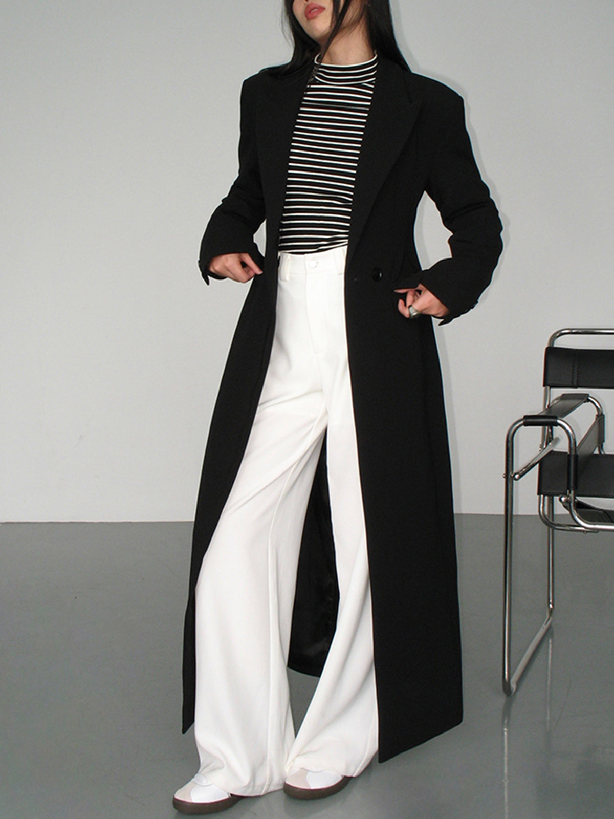 Damen Blazer Mantel Woven Fabric Elegant Mit Taschen