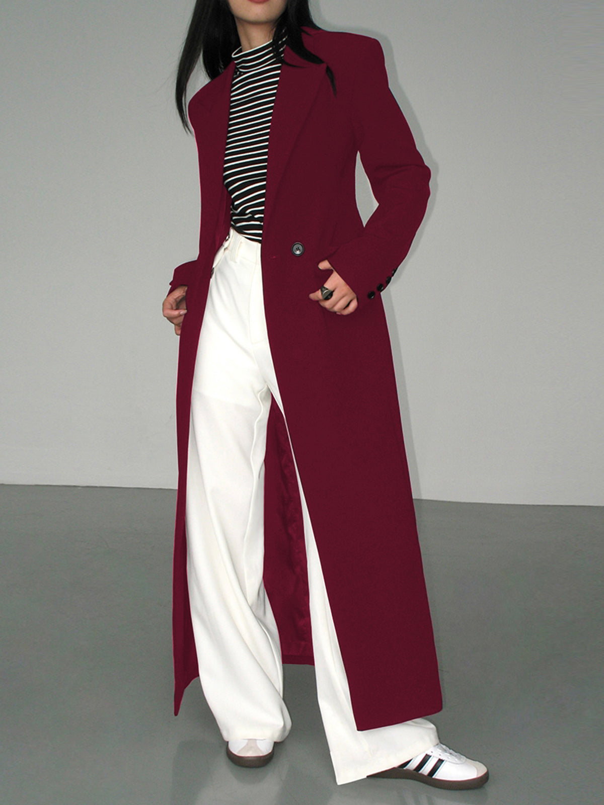 Damen Blazer Mantel Woven Fabric Elegant Mit Taschen