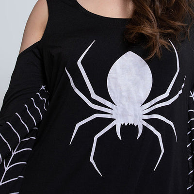 Damen Halloween-Kleid mit Spinnenmotiv | Schulterfrei & Mini-Länge