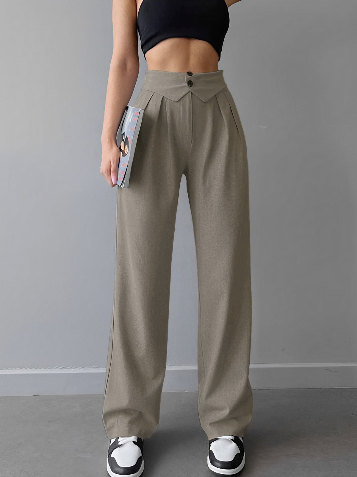Damen Hose Gerade Leg Hoher Bund Elegante Stoffhose