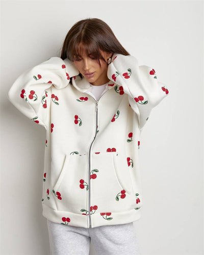Damen Kapuzenpullover Hoodie mit Reißverschluss und Fruchtigem Print