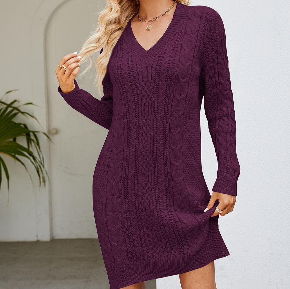 Damen Kleid Zopfstrick Langarm Elegant