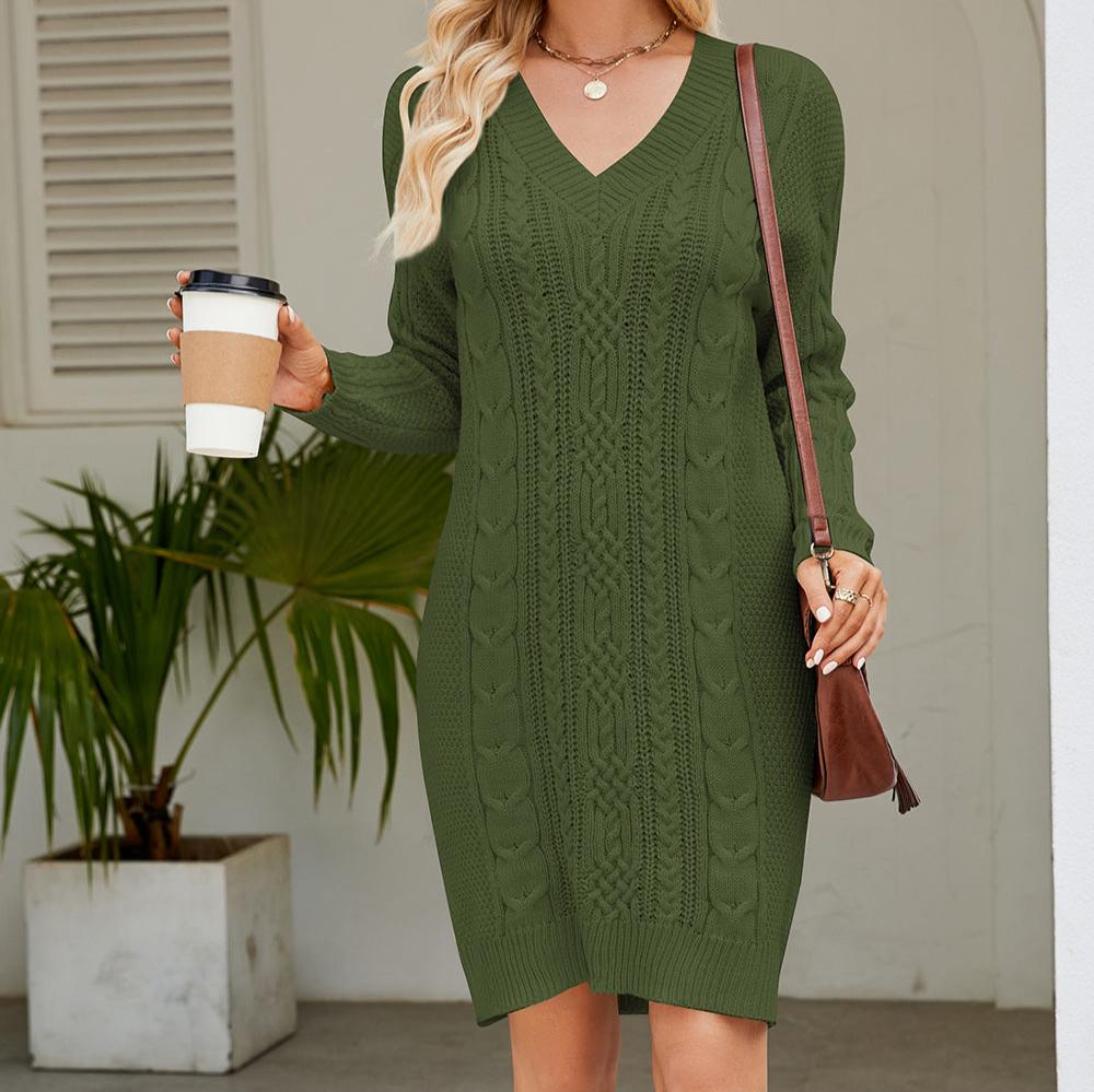 Damen Kleid Zopfstrick Langarm Elegant