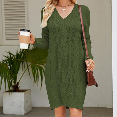 Damen Kleid Zopfstrick Langarm Elegant