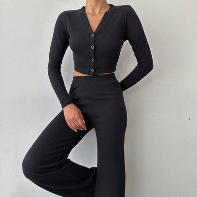 Damen Loungewear Set Rippstoff Langarm Oberteil Weite Hosen