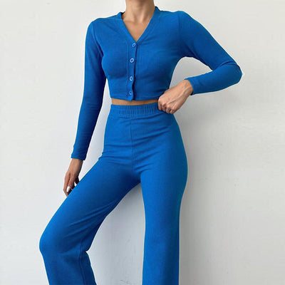 Damen Loungewear Set Rippstoff Langarm Oberteil Weite Hosen