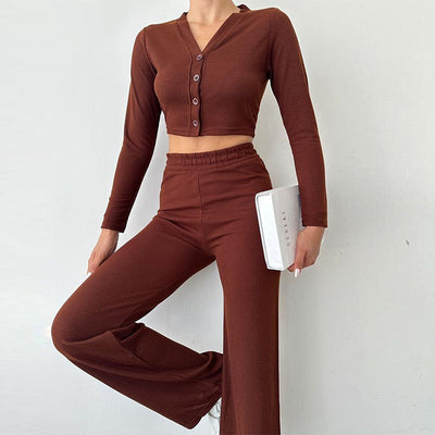 Damen Loungewear Set Rippstoff Langarm Oberteil Weite Hosen