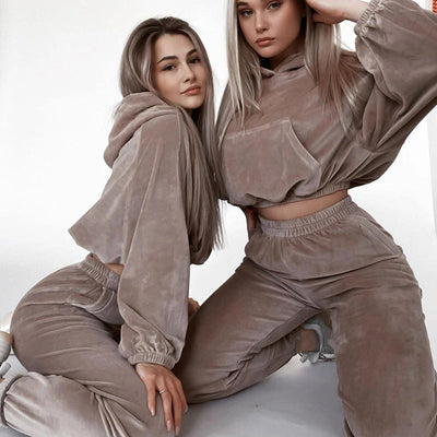 Damen Loungewear Set Velours Cropped Hoodie Weite Hosen