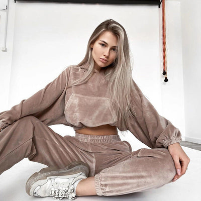 Damen Loungewear Set Velours Cropped Hoodie Weite Hosen