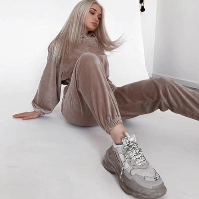 Damen Loungewear Set Velours Cropped Hoodie Weite Hosen