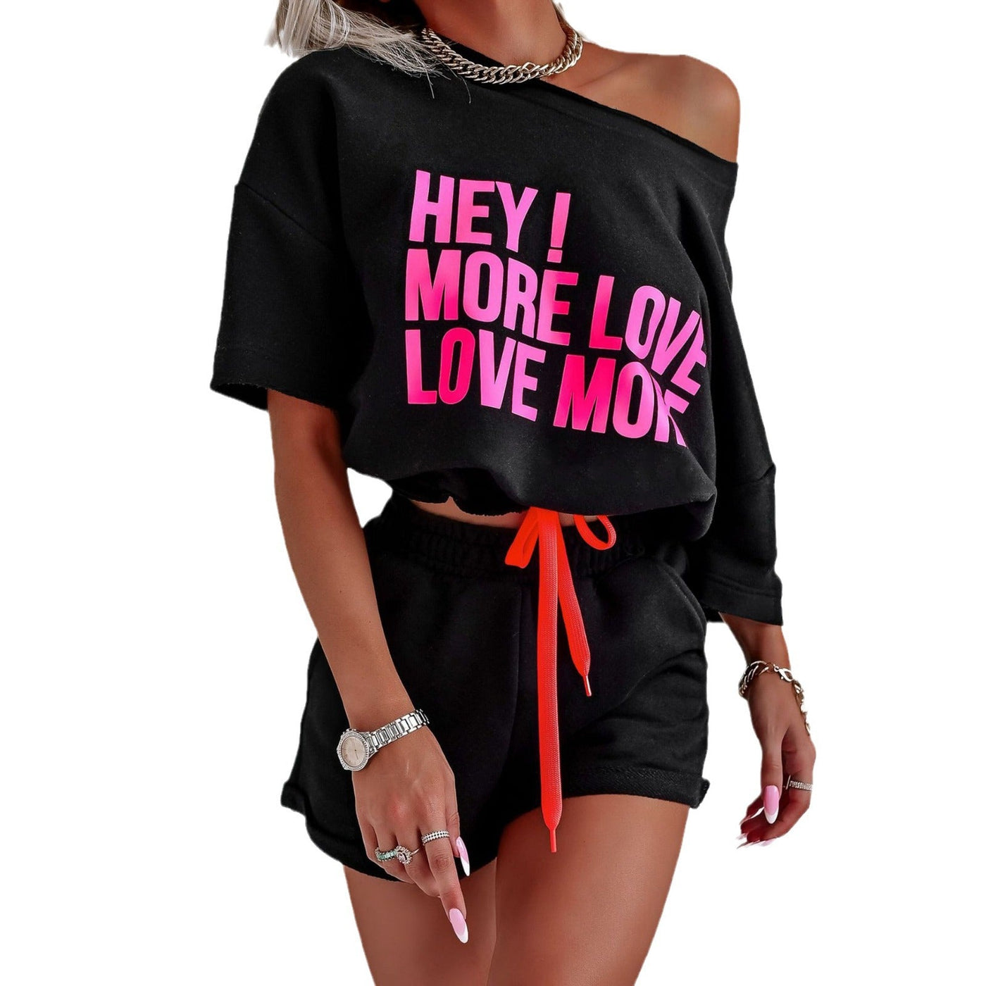 Damen Loungewear Set Weicher Stoff Grafikdruck Cropped Oberteil Shorts