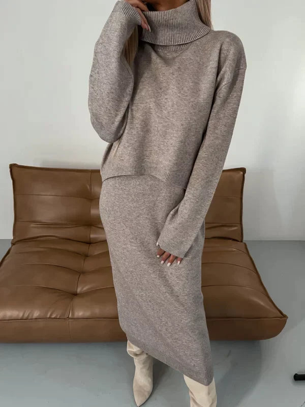 Damen Midi Kleid mit passender warmer Strickjacke