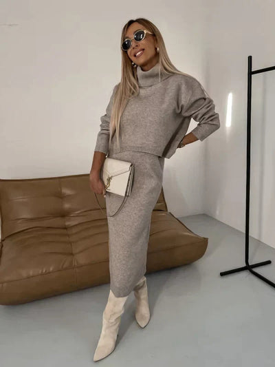 Damen Midi Kleid mit passender warmer Strickjacke