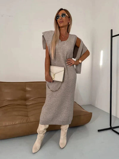 Damen Midi Kleid mit passender warmer Strickjacke