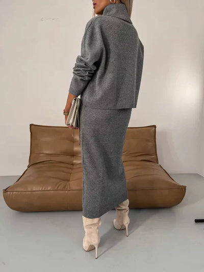 Damen Midi Kleid mit passender warmer Strickjacke