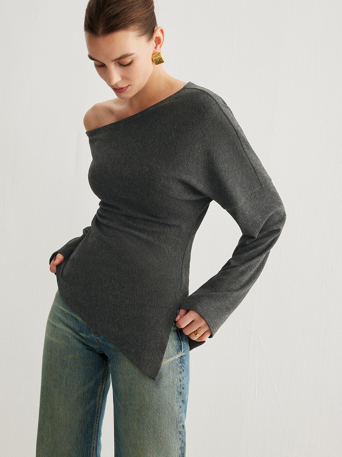 Damen Oberteil Asymmetrisch mit Schlitz und Raffung