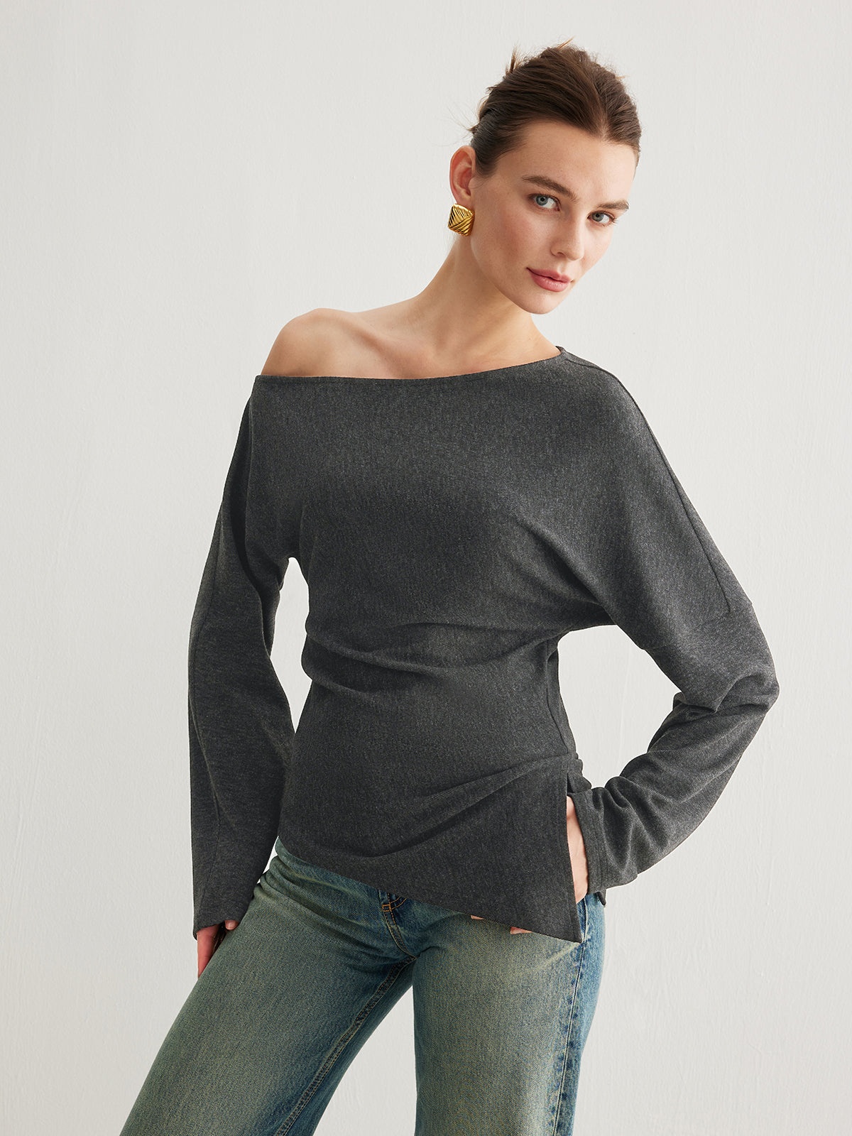 Damen Oberteil Asymmetrisch mit Schlitz und Raffung