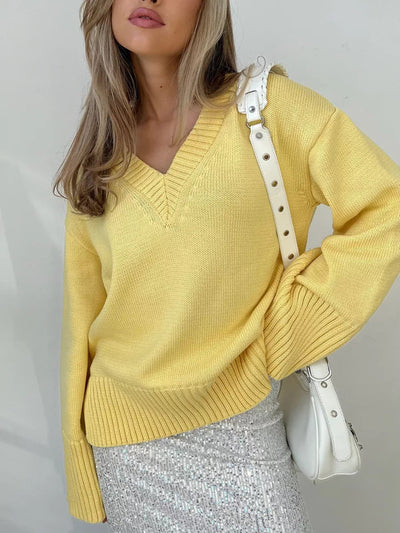Damen Pullover V-Ausschnitt Baumwolle Lässig