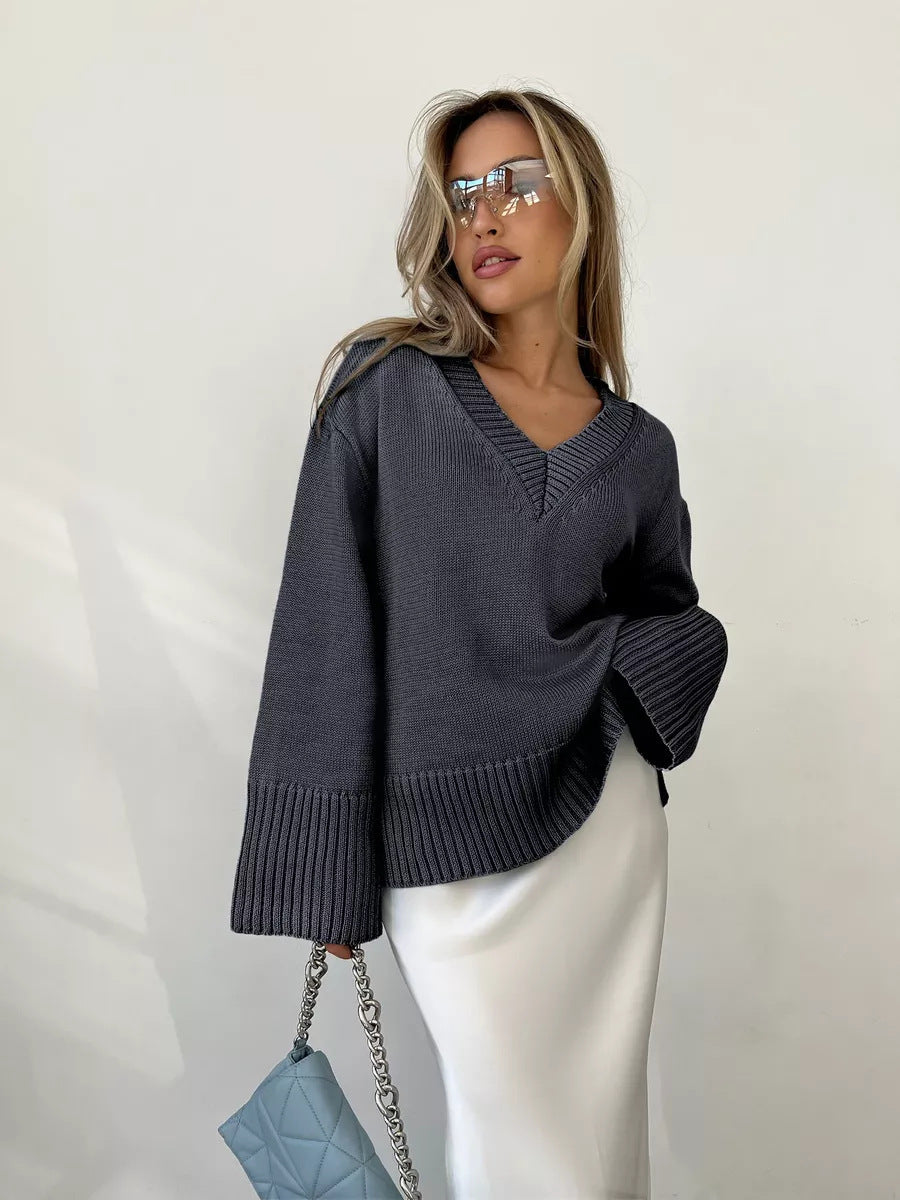 Damen Pullover V-Ausschnitt Baumwolle Lässig