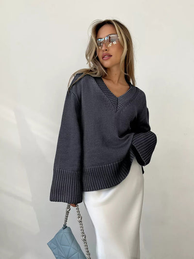 Damen Pullover V-Ausschnitt Baumwolle Lässig