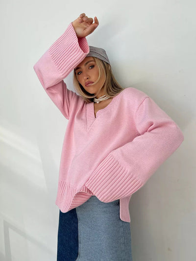 Damen Pullover V-Ausschnitt Baumwolle Lässig