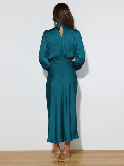 Damen Satin Kleid Lange Ärmel Elegant Fließend