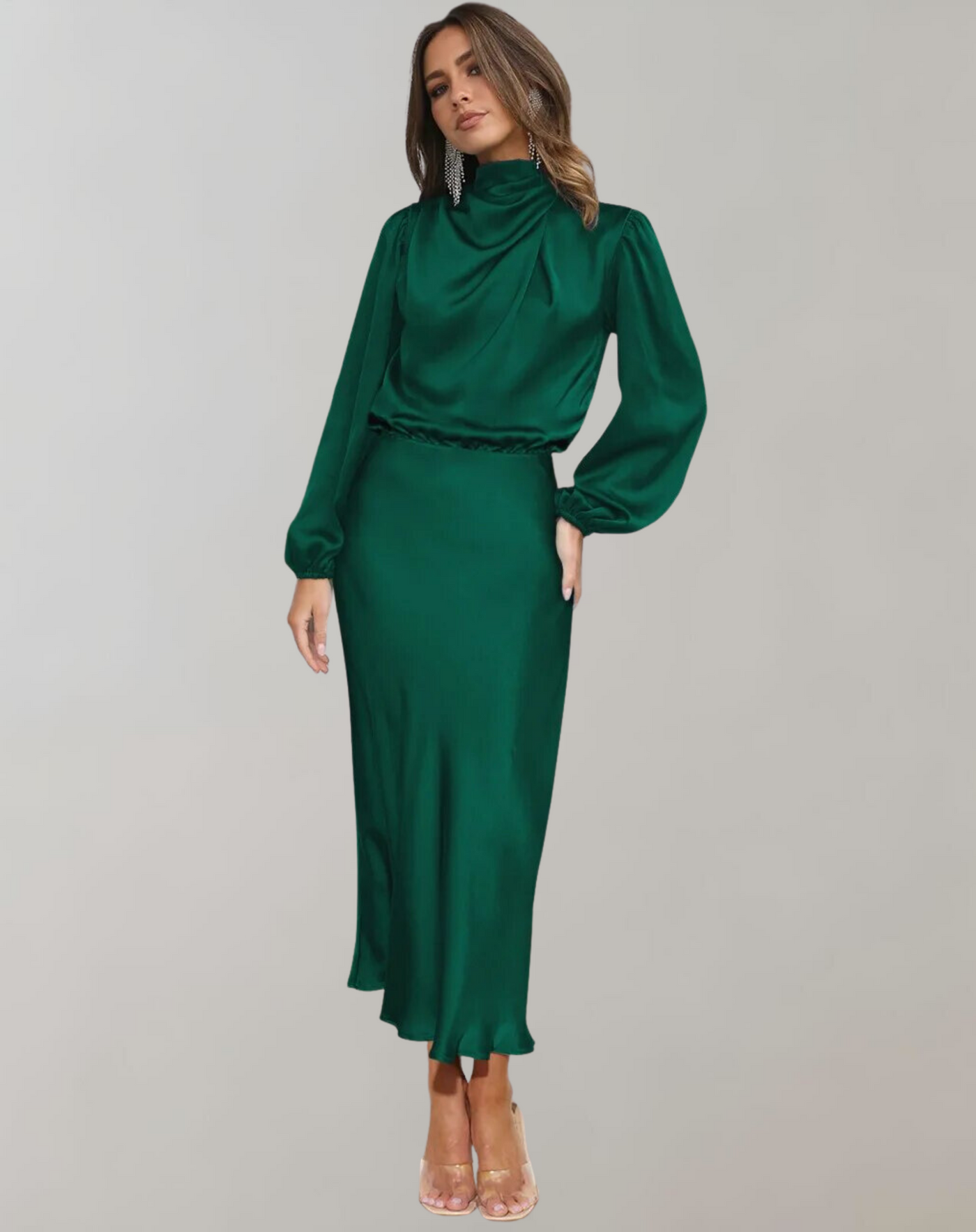 Damen Satin Kleid Lange Ärmel Elegant Fließend