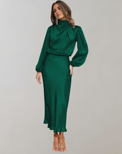 Damen Satin Kleid Lange Ärmel Elegant Fließend