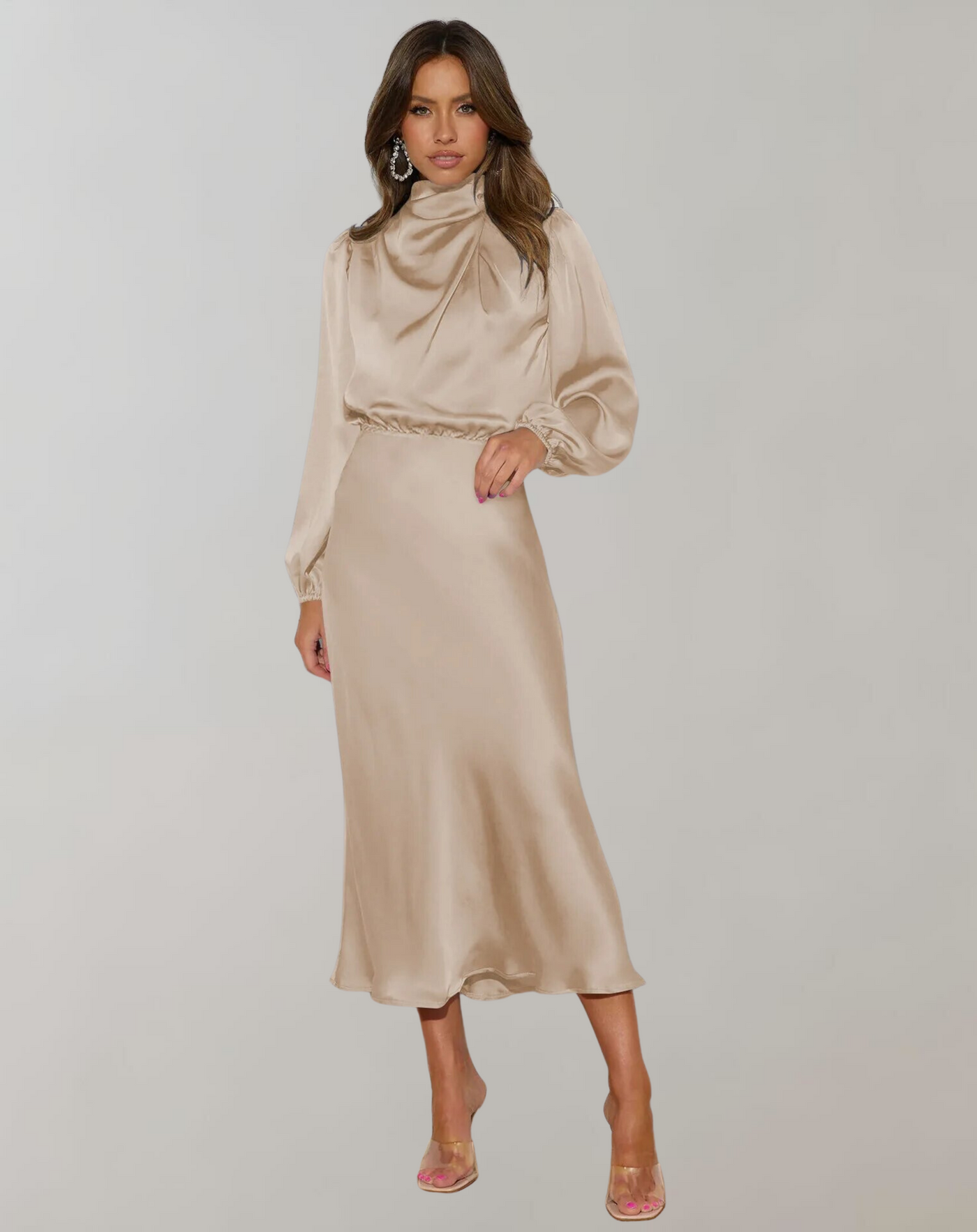 Damen Satin Kleid Lange Ärmel Elegant Fließend
