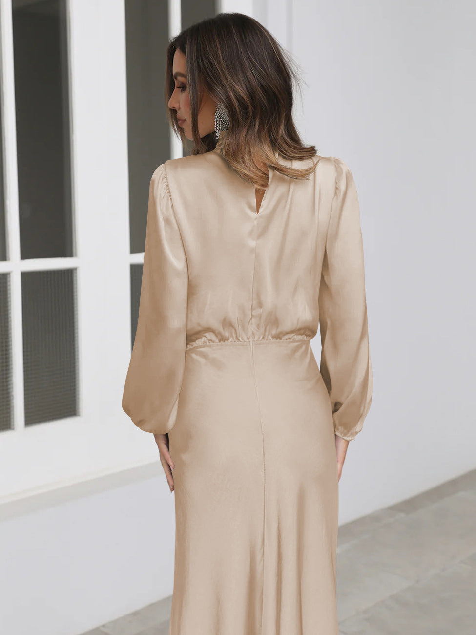 Damen Satin Kleid Lange Ärmel Elegant Fließend