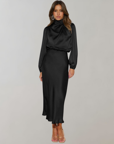Damen Satin Kleid Lange Ärmel Elegant Fließend