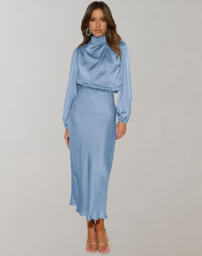 Damen Satin Kleid Lange Ärmel Elegant Fließend