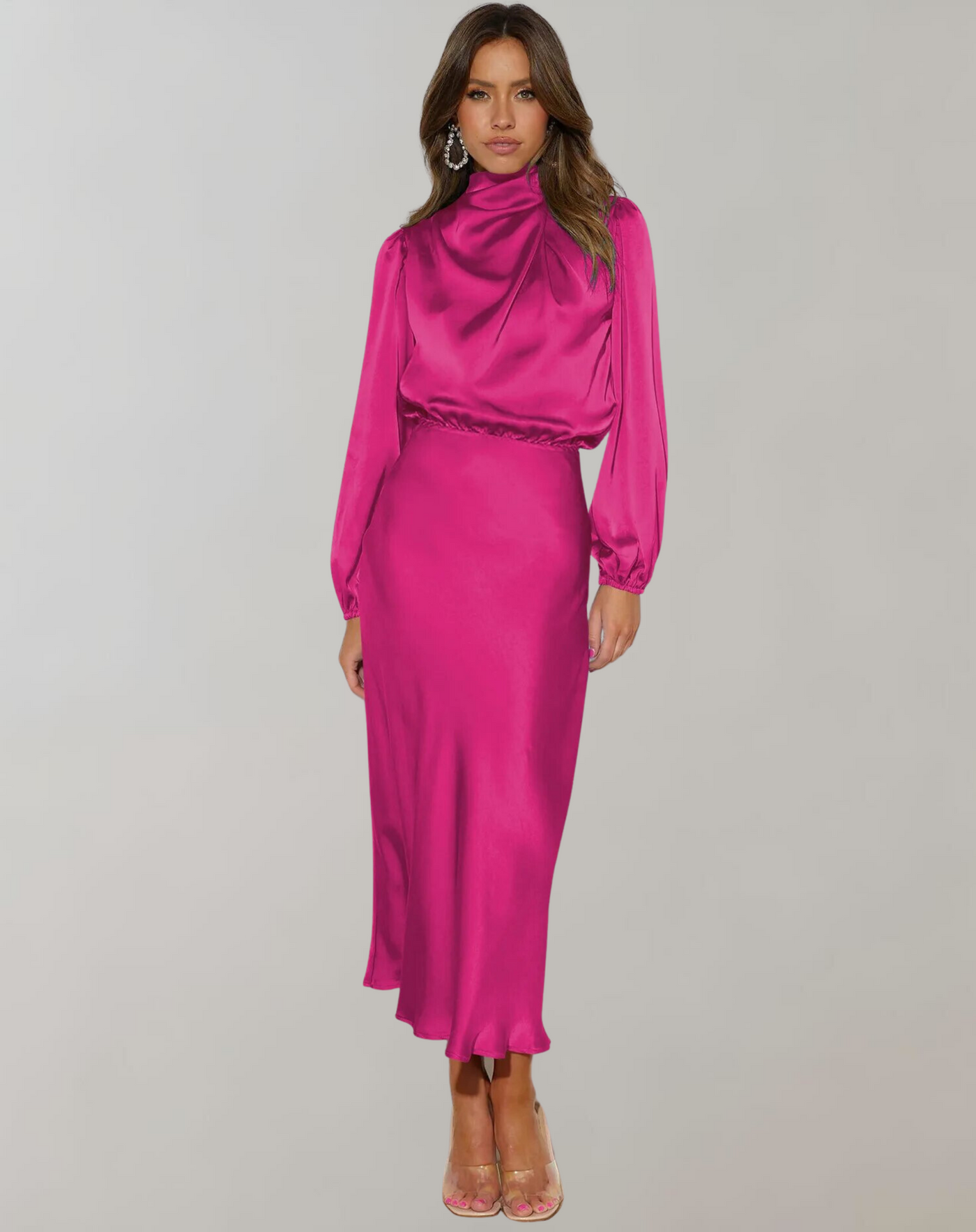 Damen Satin Kleid Lange Ärmel Elegant Fließend