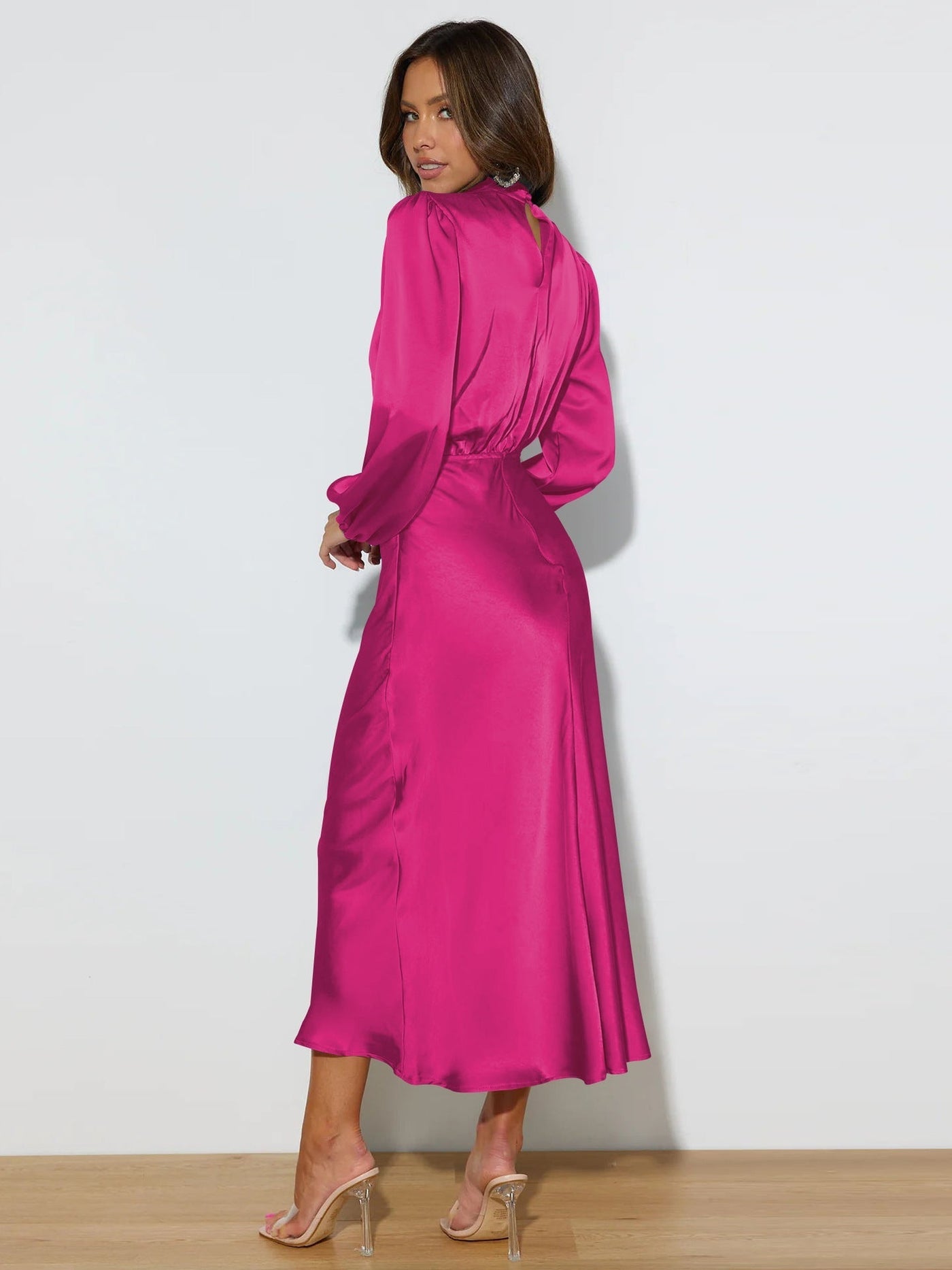 Damen Satin Kleid Lange Ärmel Elegant Fließend