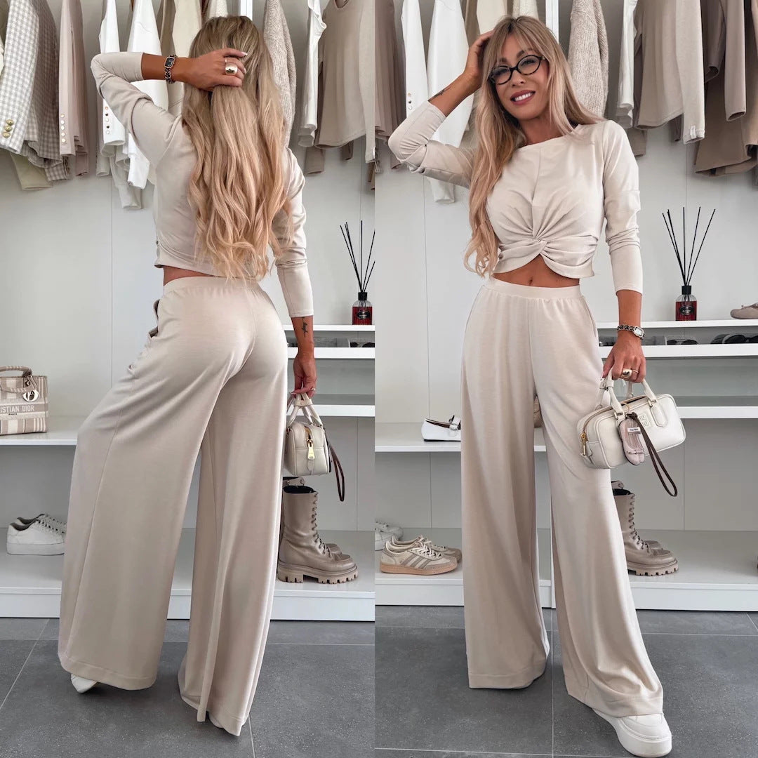 Damen Set Knoten-Oberteil und Weite Hosen aus Atmungsaktivem Material