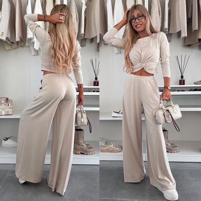 Damen Set Knoten-Oberteil und Weite Hosen aus Atmungsaktivem Material