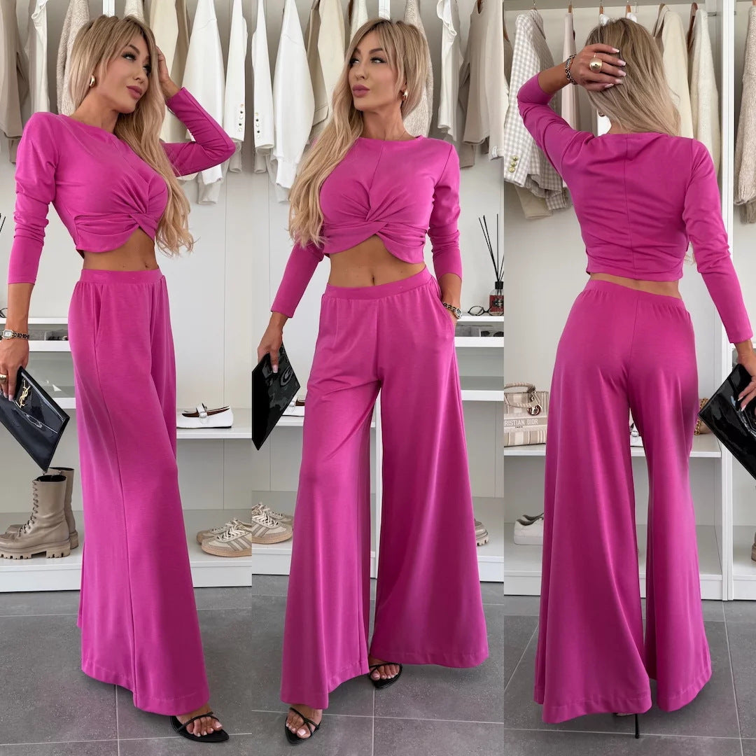 Damen Set Knoten-Oberteil und Weite Hosen aus Atmungsaktivem Material