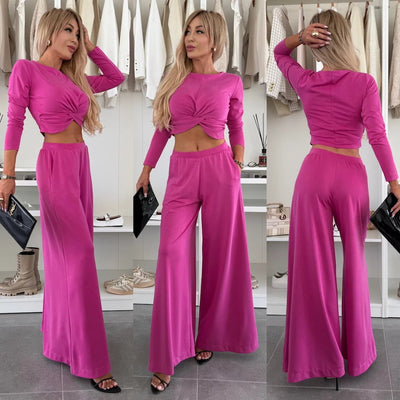 Damen Set Knoten-Oberteil und Weite Hosen aus Atmungsaktivem Material