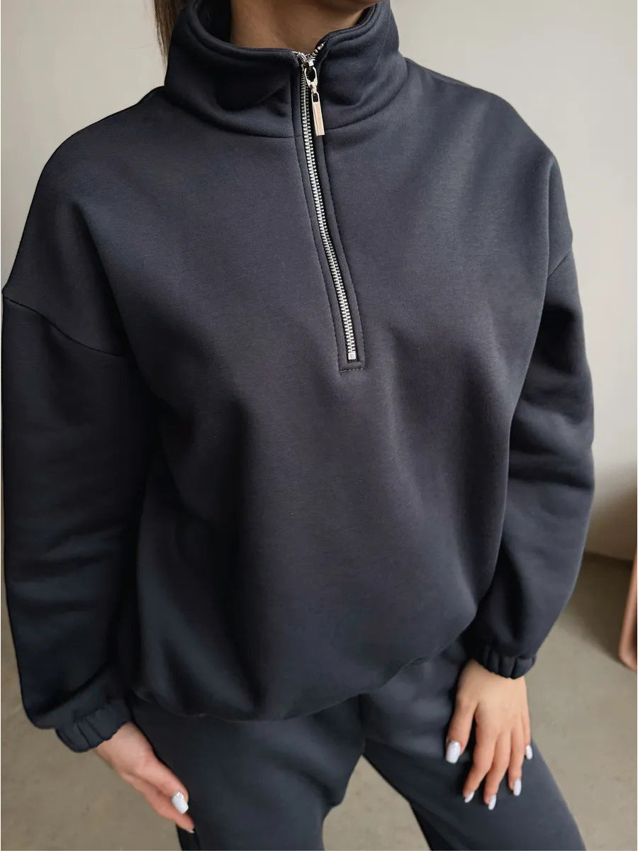 Damen Sweatshirt Hoher Kragen Halber Reißverschluss Lässig