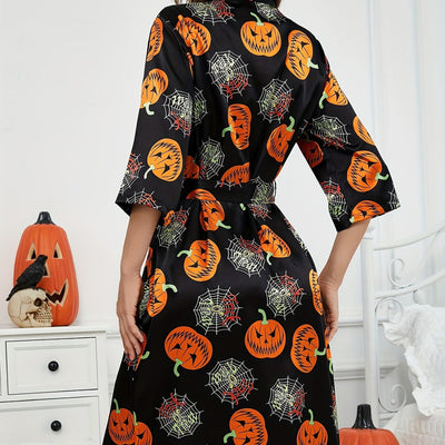 Damen Halloween-Bademantel mit Kürbisprint | Taillengürtel & 3/4-Ärmel