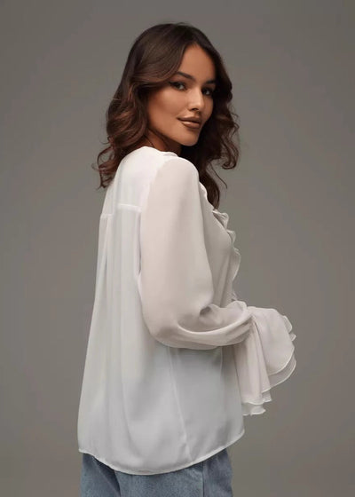 Damenbluse Chiffon Mit Rüschen V-Hals Für Festliche Anlässe Elegant