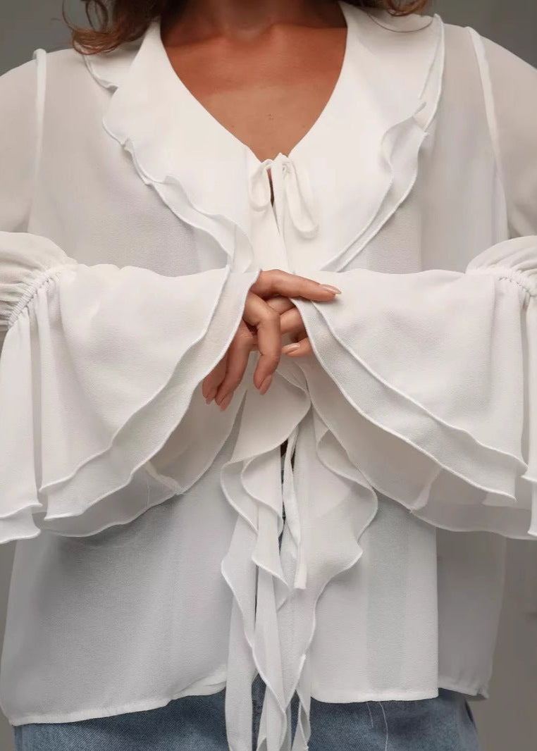 Damenbluse Chiffon Mit Rüschen V-Hals Für Festliche Anlässe Elegant