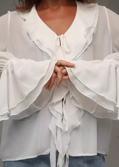 Damenbluse Chiffon Mit Rüschen V-Hals Für Festliche Anlässe Elegant