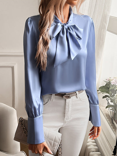 Damenbluse Satin-Optik Mit Strikhals Und Lantaarnmouwen - Elegante Bluse Für Festliche Anlässe